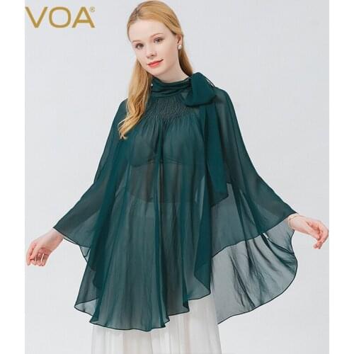 VOA Silk Georgette Green Scarf Collar Loose Top Breathable Air Conditioning Sun-protective Clothing Commuter Woman Tshirts WE117