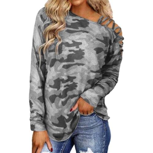 Long Sleeve Shirt Oblique Shoulder Crossed Straps Camouflage Printed Women Top for Work