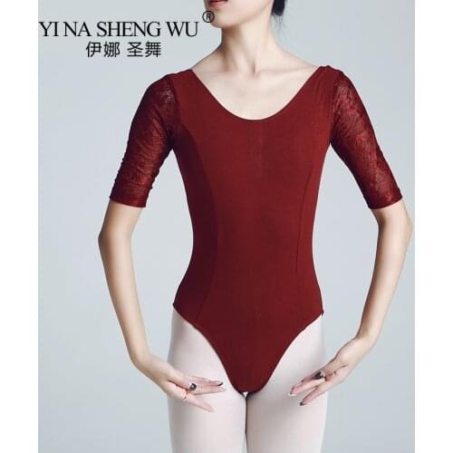 Women Black Lace Dance Leotards Half Sleeve Ballet Leotards Adult Ballet Yoga Practice Costume Performance Gymnastics Leotards