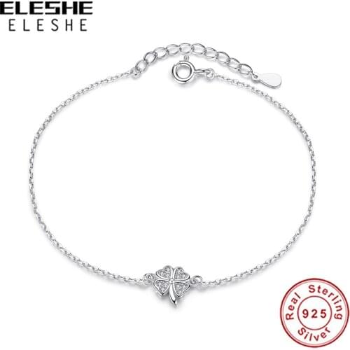 ELESHE Authentic 925 Sterling Silver Lucky Four Leaf Clover Charm Bracelet Zircon Link Chain Bracelet for Women Original Jewelry