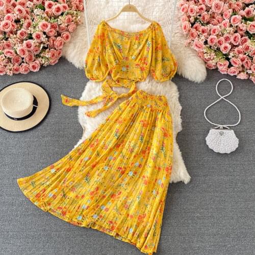 High Waist Midi Pleated Floral Skirt Two Piece Suit Short Square Neck Chiffon Print Crop Top Sets Women Summer Outfits zh1401