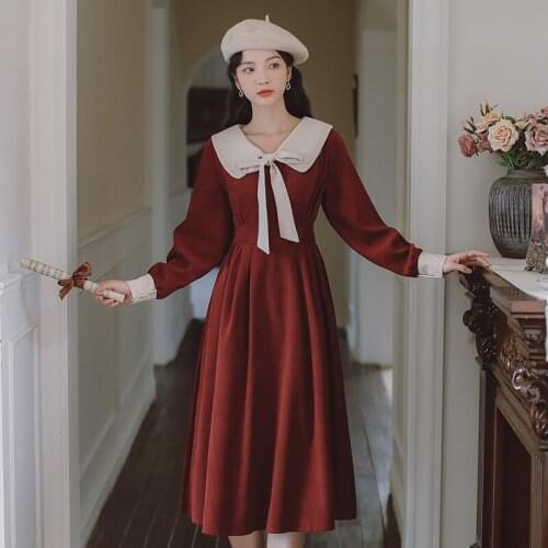 Retro 2021 Winter New Arrival French Bowknot Peter Pan Collar Long Sleeve Women Long Mid-Calf Dress Red