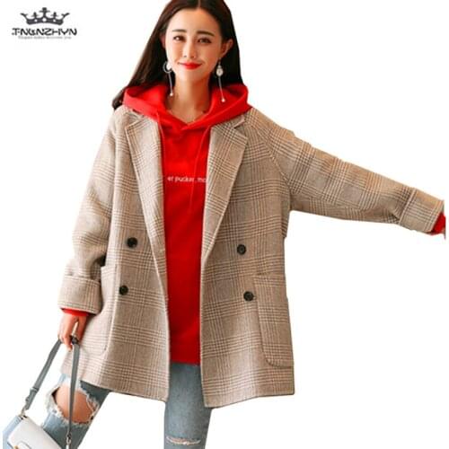 Woolen Coat 2019 New Fashion Loose Plus size Spring Womens Coats Casual Plaid Students High quality Long Autumn Woolen Outerwear