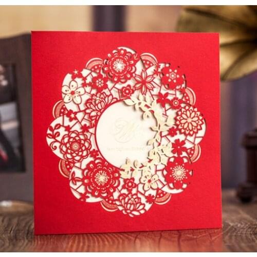 1set Red Laser Cut Luxury Flora Wedding Invitations Card Elegant Lace Favor Envelopes Wedding Party Decoration