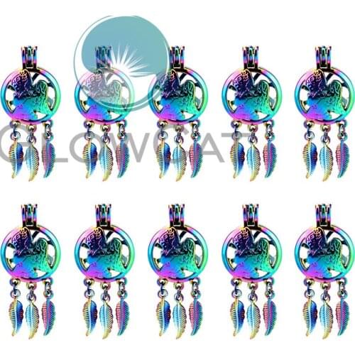 10x C770 Rainbow Colors Pray Angela Dream Catcher Beads Cage Jewelry Making Essential Oil Diffuser Pearl Cage Locket Pendant