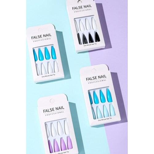 24 Pcs/set Double Color Almond Fake Nails Reusable Long Sharp Solid Color Finished False Nails with Adhesive Glue Stick Z145