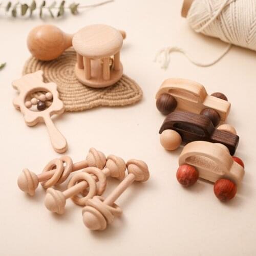 3pcs/set Wooden Car Toys Sets Wooden Sand Hammer Baby Rattles Rodent Beading Beech Soother Educational Toys 0-12Months Infant
