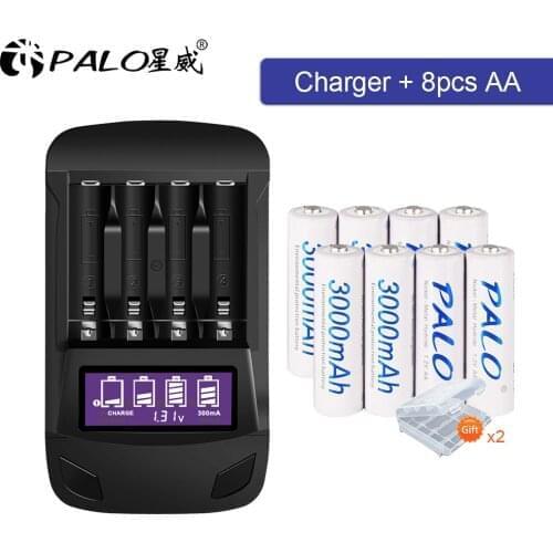8pcs aa rechargeable battery ni-mh 1.2v 2a battery and lcd battery charger for aa aaa ni-mh ni-cd 1.2v battery