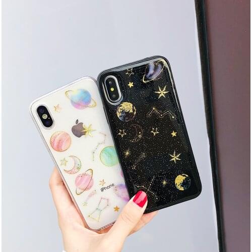 Cartoon Planet Stickers Sparkling Case for iPhone 12 Pro Max Back Phone Cover for 12 11 Pro Max X XS XR 8 7 Plus SE 2020