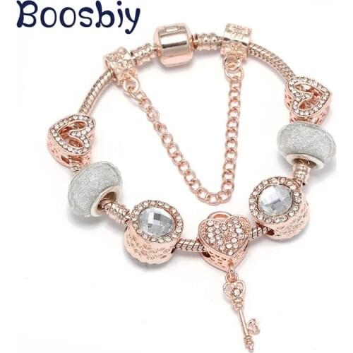 Boosbiy High Quality Crystal Rose Gold Love Key Charms Pendants Fit European Style Brand Bracelet Jewelry Gift For Women