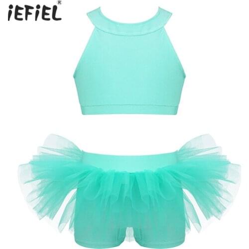 Kids Girls Two-Piece Dancewear Outfit Beautiful Dancewear Sleeveless Zippered Crop Top with Bottom for Dancing Stage Performance