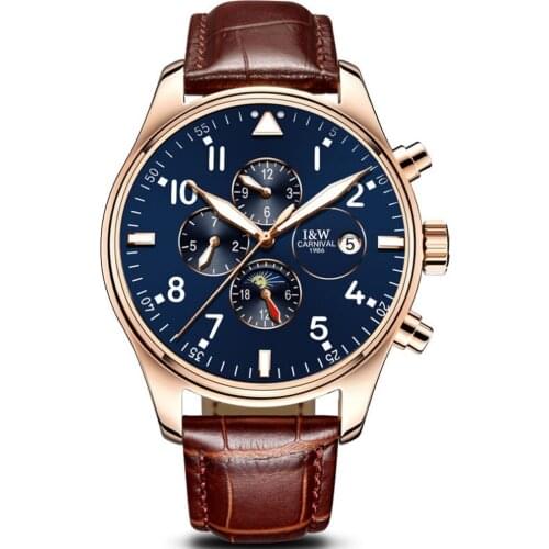 Carnival Mens Business Multifunction Dial Leather Watchband Automatic Mechanical Wristwatch - gold bezel blue dial