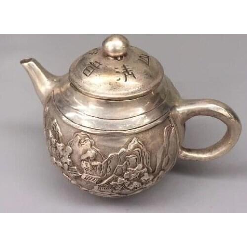 Collection Tibetan Silver Carved Landscape Painting Teapot Kettle Wine Pot Fengshui Ornaments Lucky Crafts