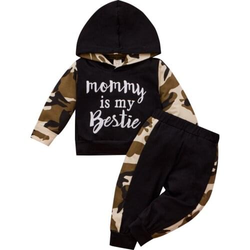 Boy’s T-shirt and Trousers Suit Fashion Letter Long Sleeve Hooded Tops Camouflage Long Pants 2021 New Fashion Childrens Sets