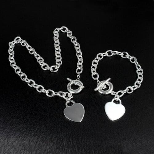 Beautiful Love Heart card 925 sterling Silver necklace bracelet Jewelry set for women classic Fashion wedding Party Holiday gift