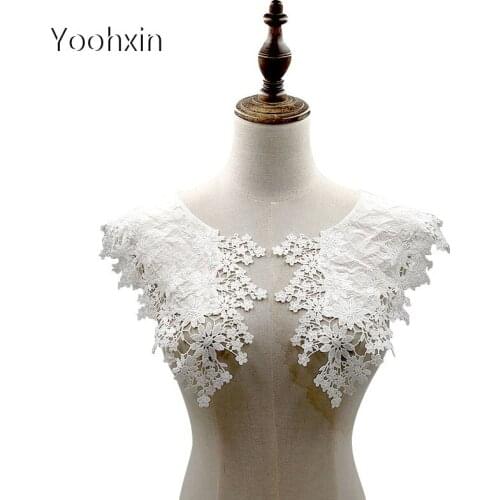 1pair Fashion flower white embroidery DIY lace collar Fabric Sewing Applique ribbon trim dress guipure neckline wedding decor