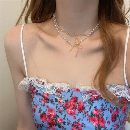 Fashion Elegant Pearl Bow Clavicle Chain Necklace for Women Girl Gold Metal Fish Tail Temperament Jewelry Party Gift Trend New