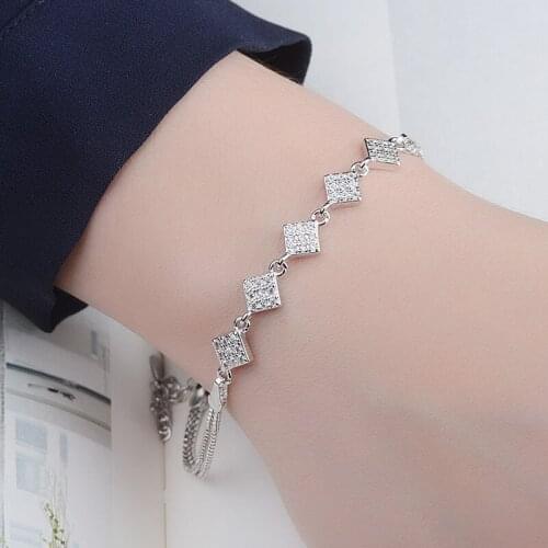 925 Sterling Silver Crystal Square Bead Charm Bracelet &Bangle For Women Box Chain Wedding Jewelry sl074