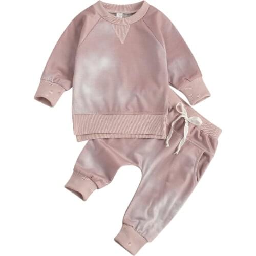2 Pcs Newborn Tie Dye Outfits Infant Long Sleeve Round Neck Pullover + Tie Up Pants with Pockets