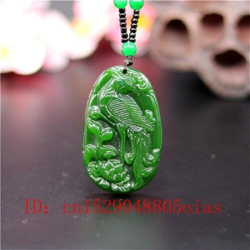 Natural Green Chinese Jade Phoenix Pendant Beads Necklace Fashion Charm Jadeite Jewelry Carved Amulet Gifts for Women Men