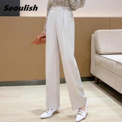 Seoulish 2021 New Formal Womens Wide Leg Long Pants High Waist Female Workwear Elegant Chic Trouses Pockets Spring Summer