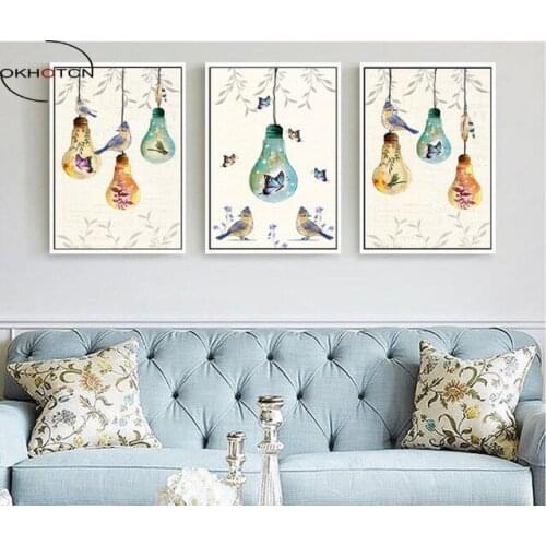 Birds And Flowers Light Bulb Butterfly Unframed 3 Pieces/Set Painting Modular Picture Wall Art Canvas Painting