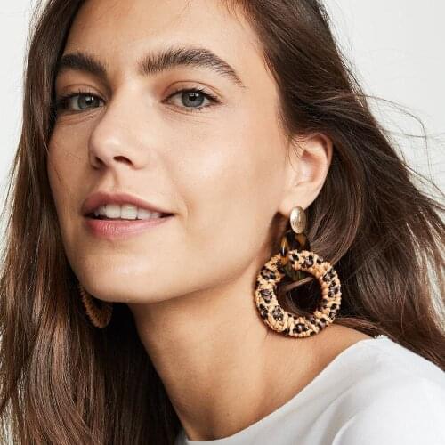 Leopard Rattan knit Wooden Drop Earrings Vintage Handmade BIg Resin Dangle Earrings Party Statement Women Jewelry Wholesale