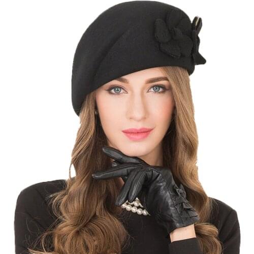 Female 100% Wool Flower Black Fedora Hat England Style Vintage Winter Women Felt French Beret Hats Bone Feminino