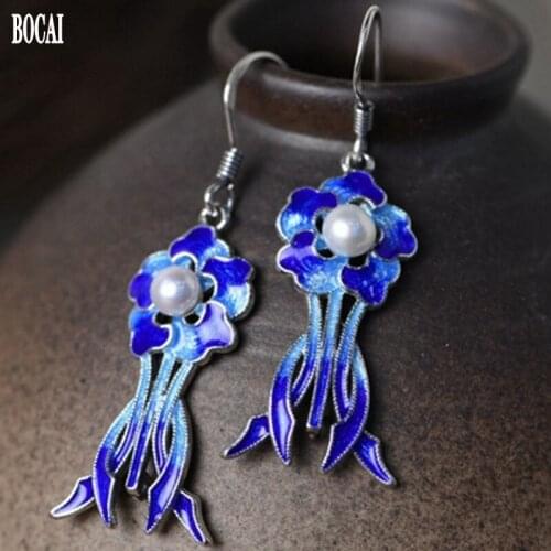 2020 new S925 pure silver jewelry Thai silver cloisonne earrings for women burned blue ruyi flower pearl earrings for women