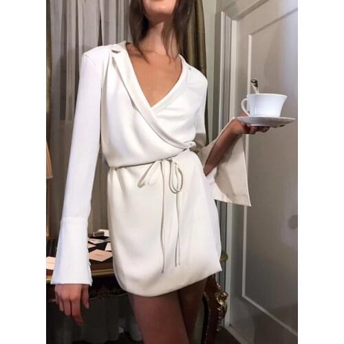 Exquisite Flare Sleeve 8.18 Sexy V-neck Lace-up Design Casual Wrap Slim Satin Mini Dress Female