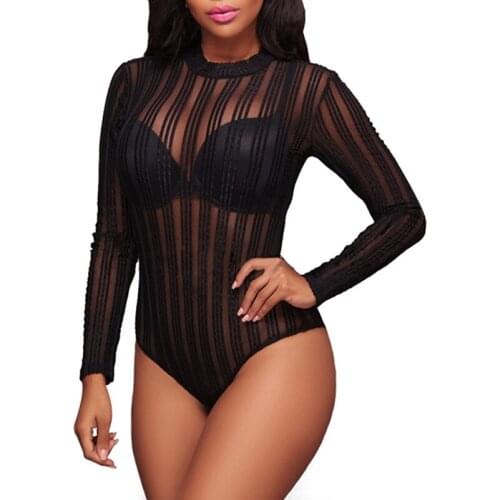 2018 Woman Bodysuit Long Sleeve Mesh Geometric Velvet Rompers Ladies Lace Bodysuit Top Macacao Body Feminino Jumpsuit