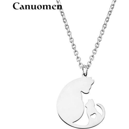 Canuomen Mother Cats Love Pendant Necklace Heart-shaped Stainless Steel Silver Gold Lover Link Chain For Women Charm Jewelry