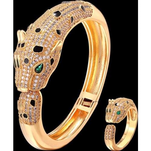 Zlxgirl 2021 full zirconia copper leopard shape animal jewelry set classic women Jet Enamel wedding copper bangle ring sets gift