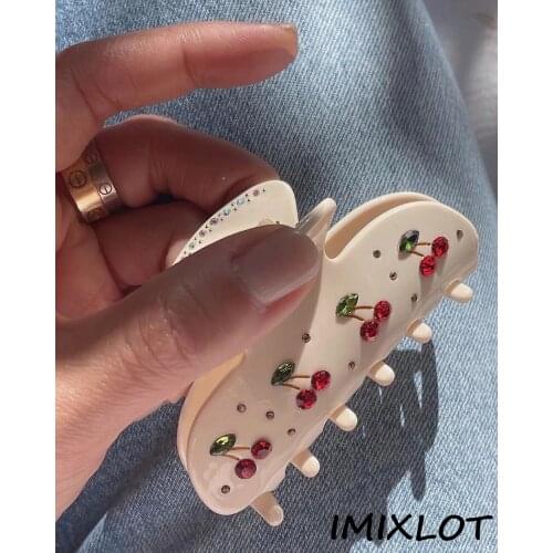 2021 Retro Romantic Rhinestone Cherry Acrylic Hair Clip Claws Hairpin Headwear for Women Makeup Bath Aesthetic Hair Accessories