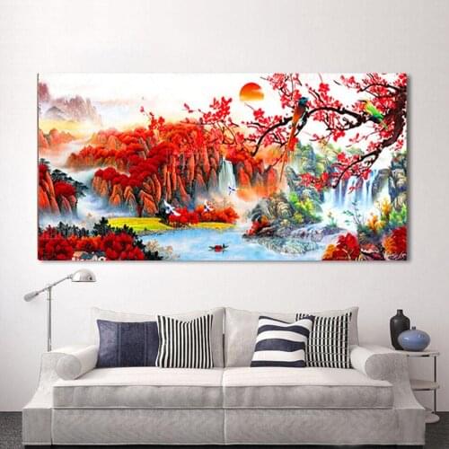 DIY 5D Diamond Painting Red Trees,Waterfall,Bird And Flower Full Square Round Handmade Crafts Diamond Mosaic Cross Stitch A1986