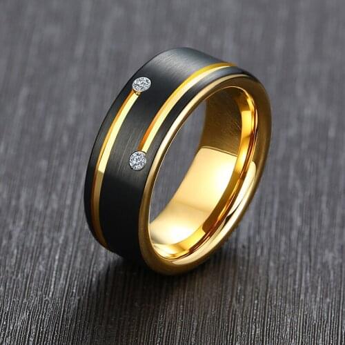 Free Engraving 8mm Mens Black Tungsten Carbide Wedding Band with Gold Grooves 2 Crystal Personalized Mens Ring