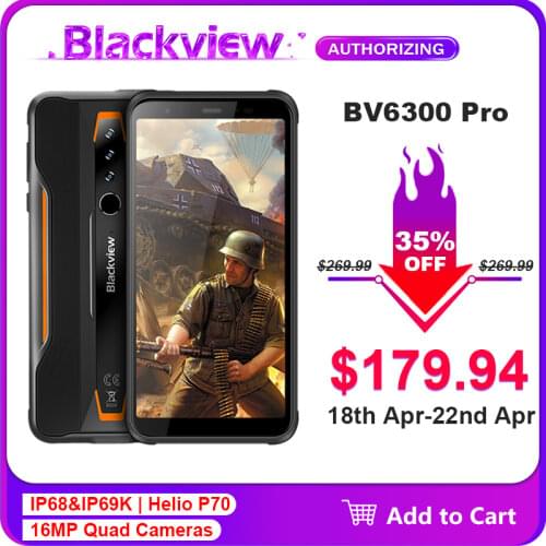 Blackview BV6300 Pro Helio P70 Octa Core 6GB+128GB IP68 Waterproof Smartphone Quad Cameras Android 10.0 NFC Mobile Phone 4380mAh