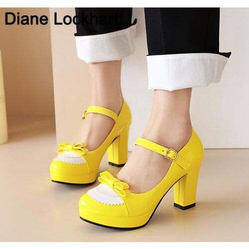 Big Size 33-43 Women Platform Pumps Sweet Bowtie Shoes Vintage Chunky Female High Heels Party Wedding Prom Footwear Girls Shoes