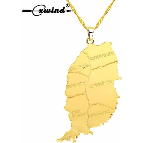 Cxwind Hip Hop Grenada Island Map Pendant Necklace Gold Color Copper Pendant Chain for Men/Women Party Cool Necklaces Jewelry