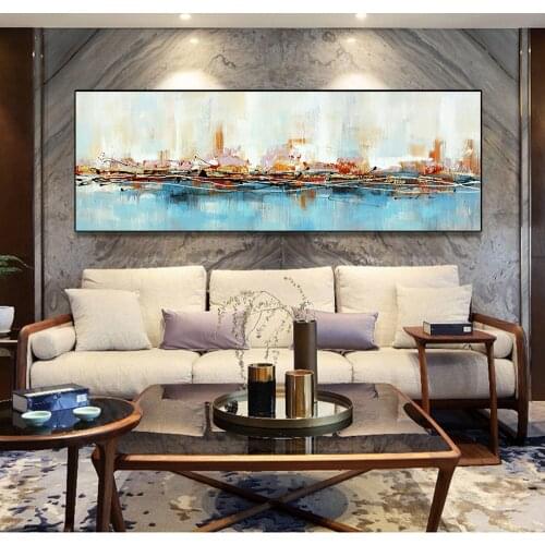 DDHH Large Modern Blue Gold Abstract Art Oil Posters And Prints Wall Art Canvas Painting Pictures For Living Room Home Decor