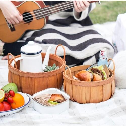 Wood Storage Basket Hand-woven Storage Basket Round Pastoral Creative for Fruit Bread Food Picni Basket
