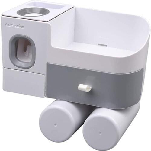 Toothbrush Holders,with Automatic Toothpaste Dispenser,Wall Mounted Toothbrush Organizer, 2 Cups and Drawers Cosmetic