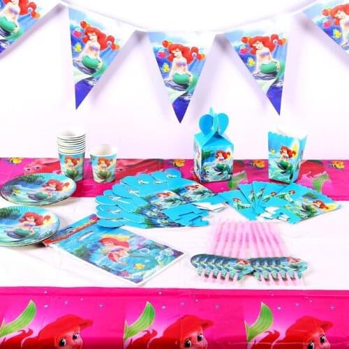 Disney Mermaid Princess Girls Birthday Party Paper Cup Plates Tablecloth Pennant Party Tableware Set Party Decoration