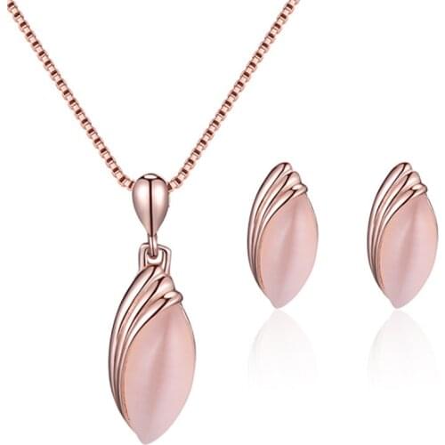 Ethnic Style Rose Gold Color Alloy Marquise Shape Cat Eye Stone Pendant Link Chain Necklace Earrings Fashion Jewelry Sets