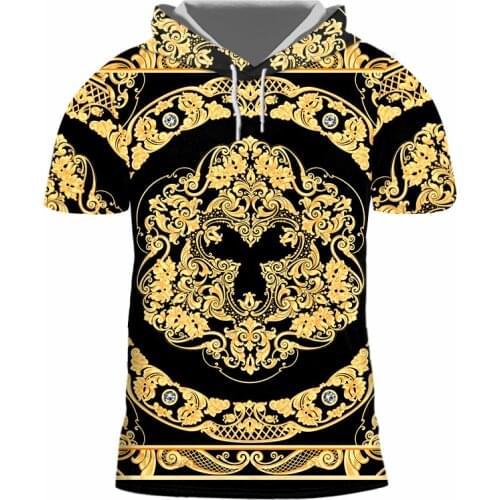 IFPD EU/US Size Fashion Men Golden Flower 3D Print Hooded T-shirts Summer Homme Short Sleeve Luxury Royal Baroque Mens Clothes