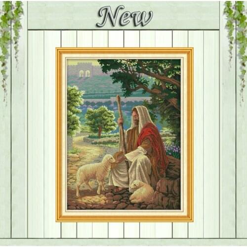 Jesus & sheep shepherding Painting Drawing counted print on fabric 14CT 11CT DMC Cross Stitch kit Needlework Set full Embroidery