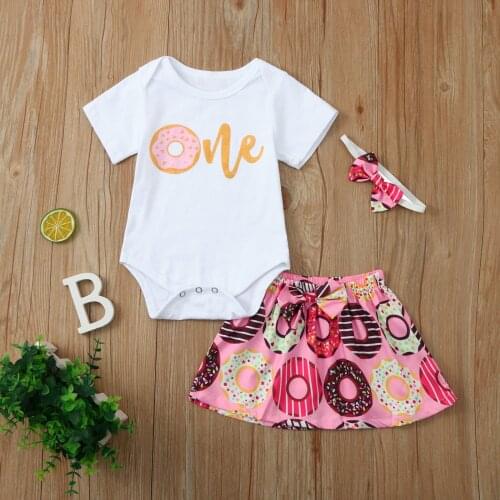 Cute Donuts Letter Printed Girls Outfits Newborn Baby Set Short Sleeve Bodysuit Skirt Headband 3PCS Sets Toddler Infant Clothing