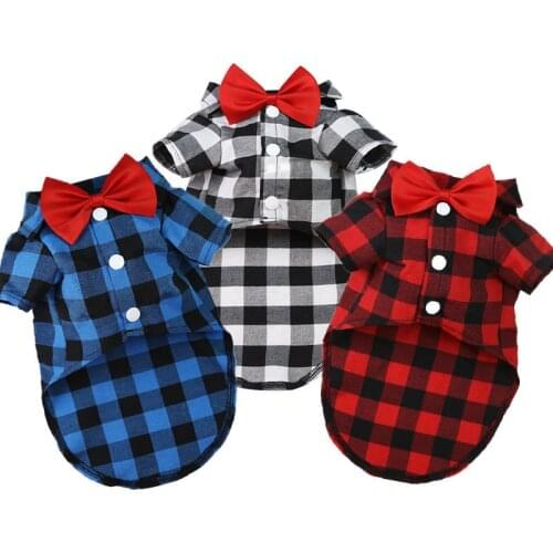Gentleman Plaid Dog Soft Casual Vest Shirt Pet Clothes Spring Summer Suit Shirt Wedding Formal For Dogs Bowtie Tuxedo Pet Outfit