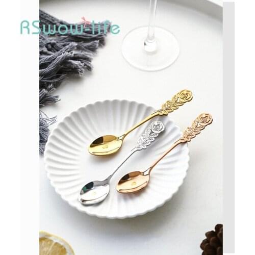 Stainless Steel Western Tableware Spoon Rose Handle Coffee Spoon Tea Dessert Small Meal Spoon Kitchen Accessories Kitchen Decor
