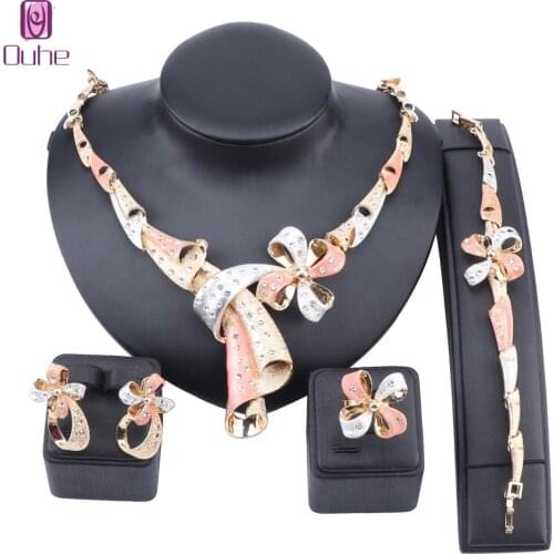 Nigerian Wedding Woman Accessories Jewelry Set Fashion Dubai Gold Colorful Crystal Statement Necklace Earring Ring Bracelet